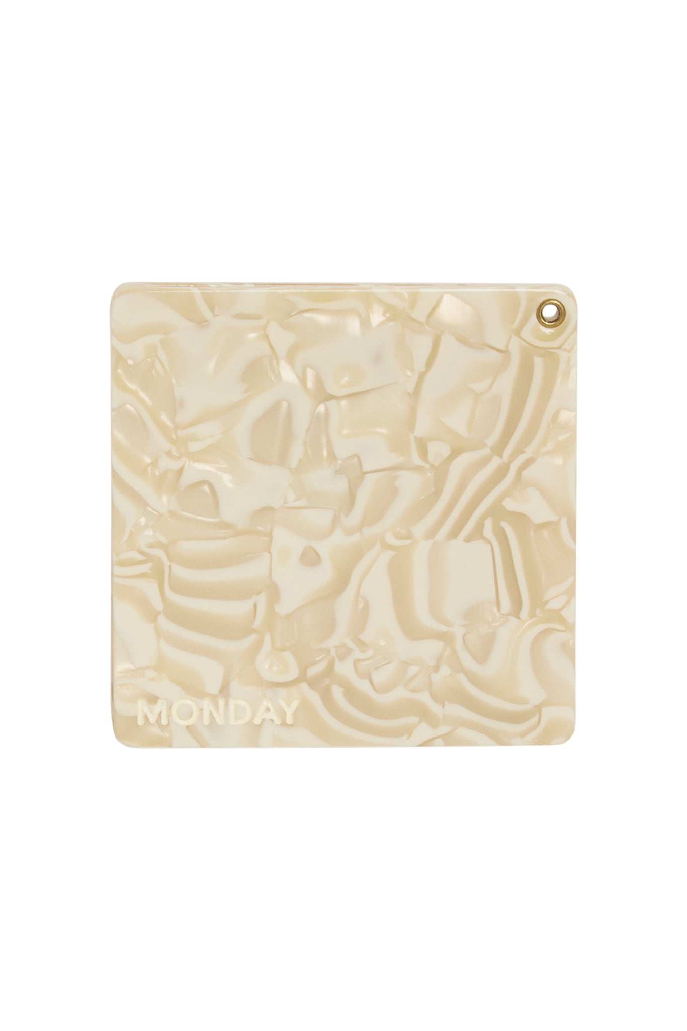 Beige marbled square tag with metal grommet in corner and embossed text MONDAY.