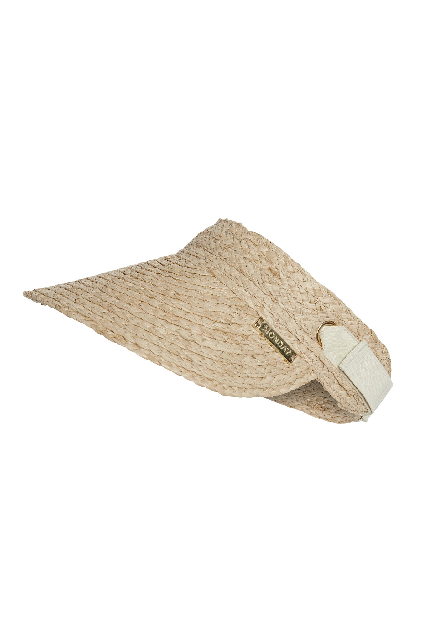 Woven straw sun visor with elastic back strap and small metal tag reading 'MONDAY'.