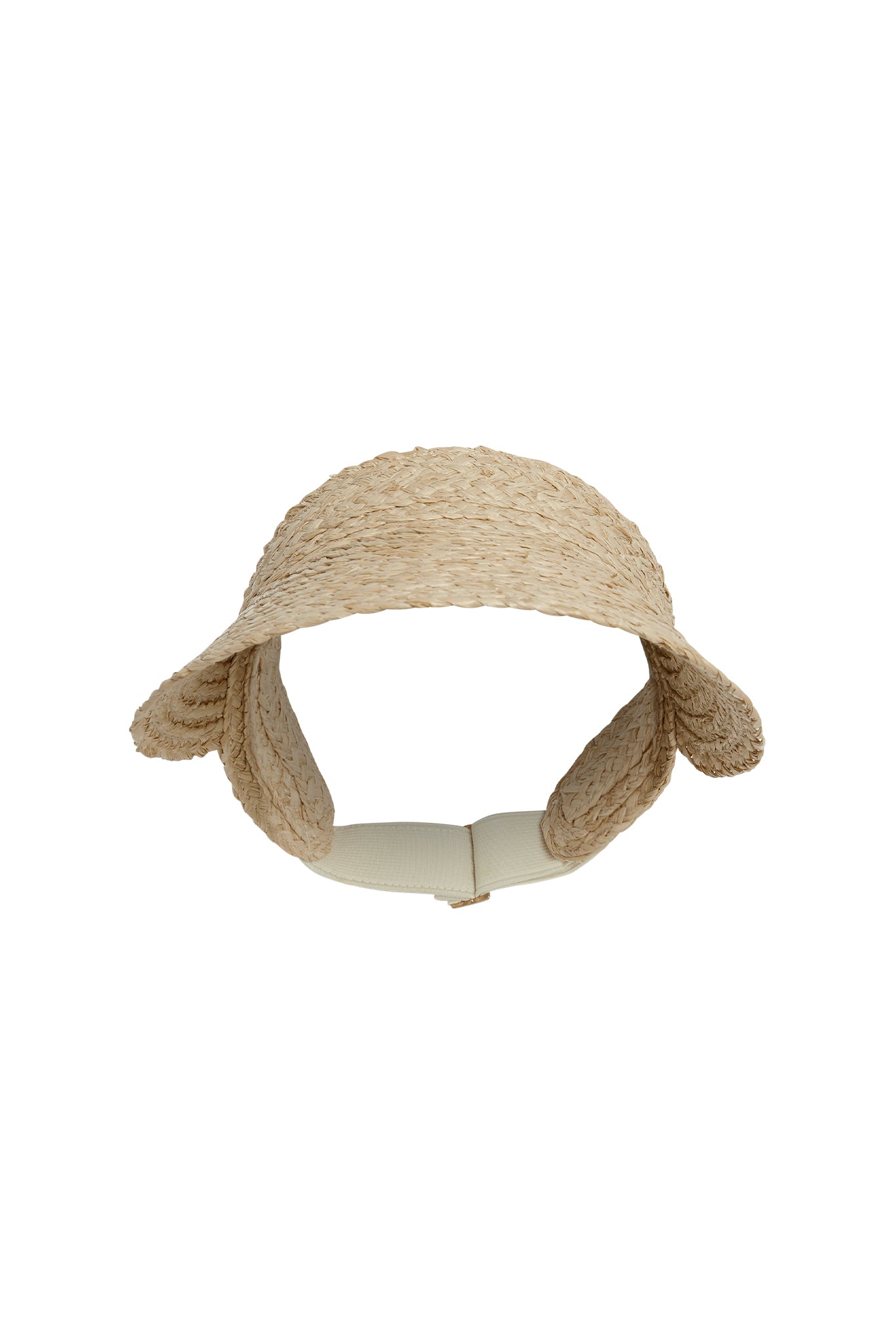 Natural woven straw visor with folded ear flaps and padded adjustable chin strap on white background.