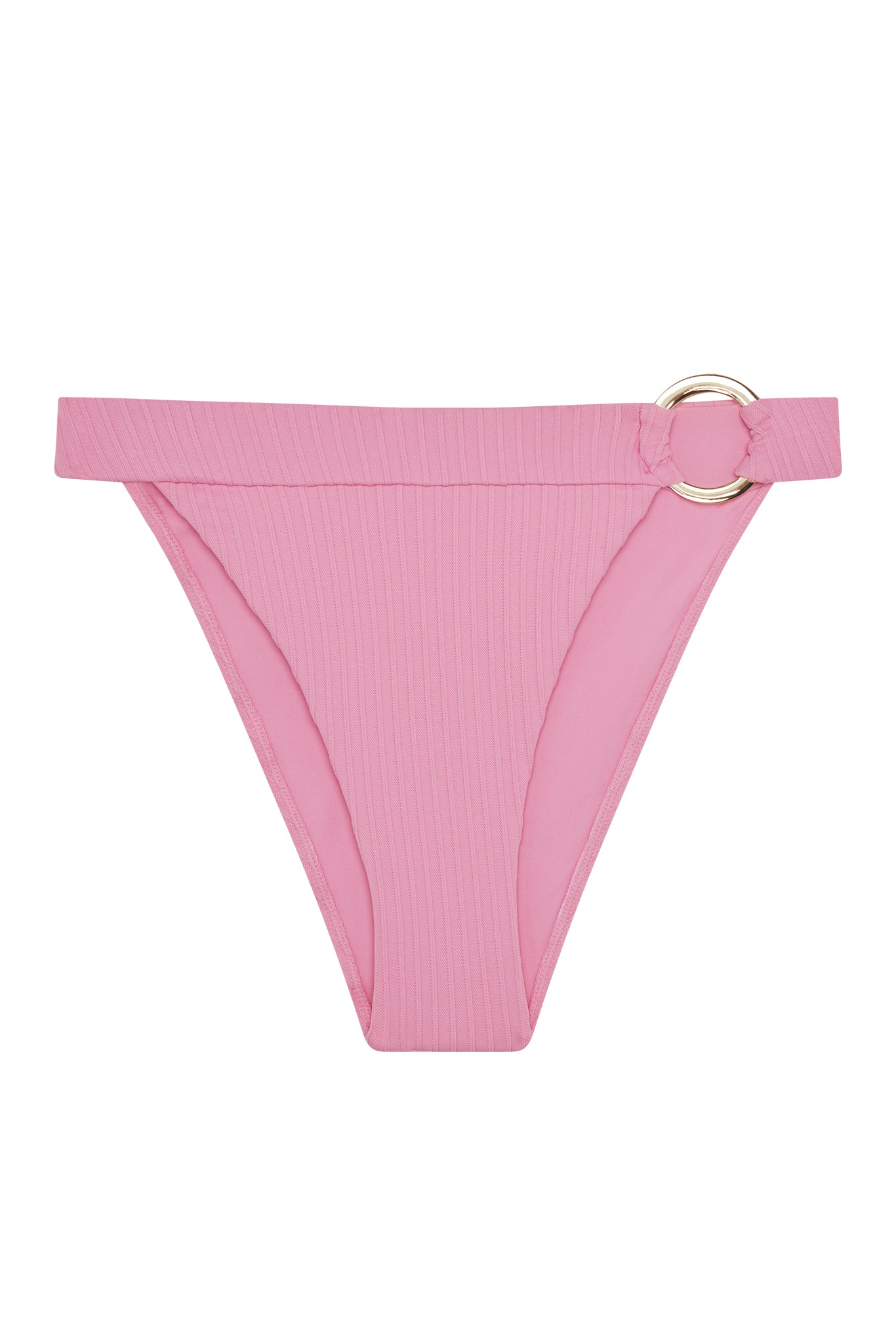 Pink ribbed bikini bottom with high-cut legs and gold ring detail on left hip