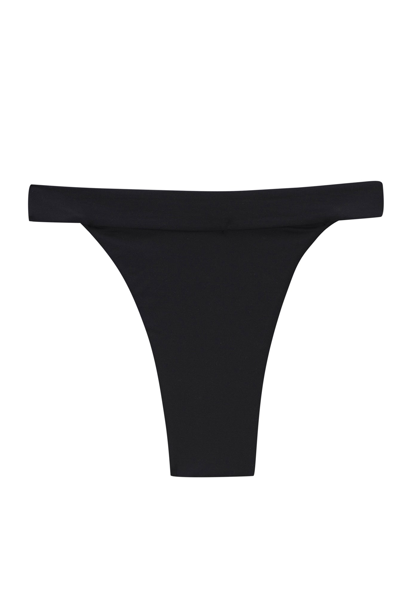 Women's seamless high-cut black thong bikini bottom laid flat on white background