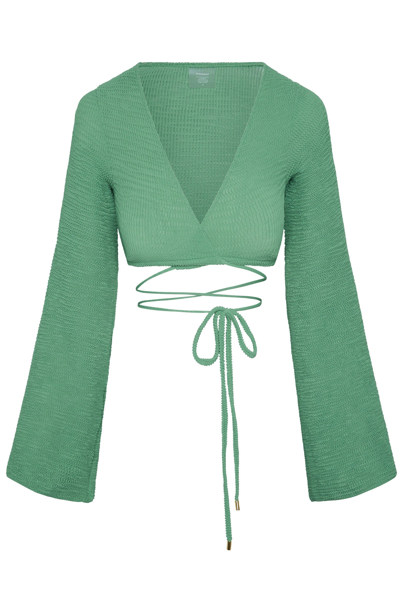 Green textured wrap crop top with deep V-neck, long bell sleeves and wrap ties; label reads MONDAY.