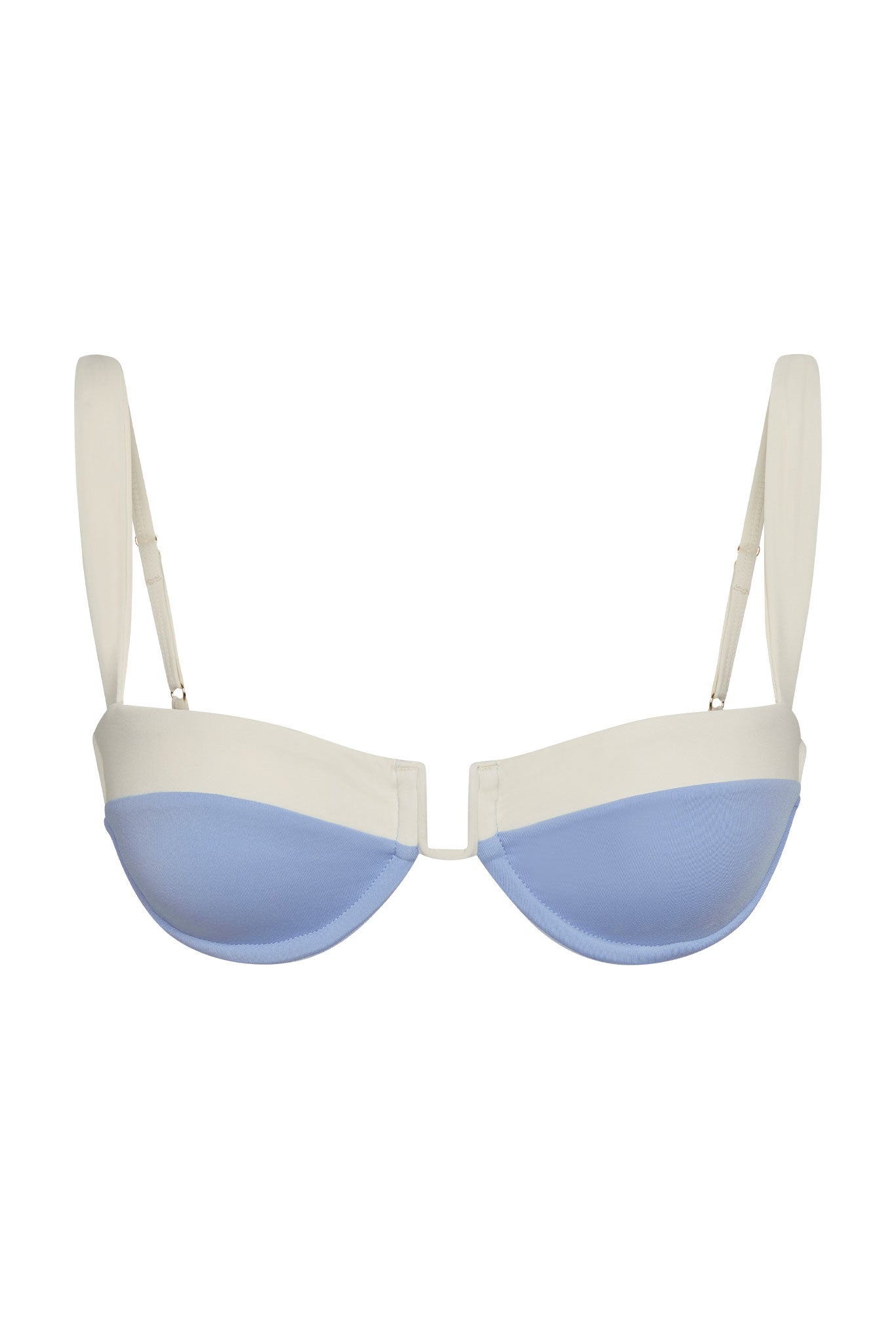 Balconette bikini bra, cream straps and band with light blue cups, underwire and adjustable straps, U-shaped center.