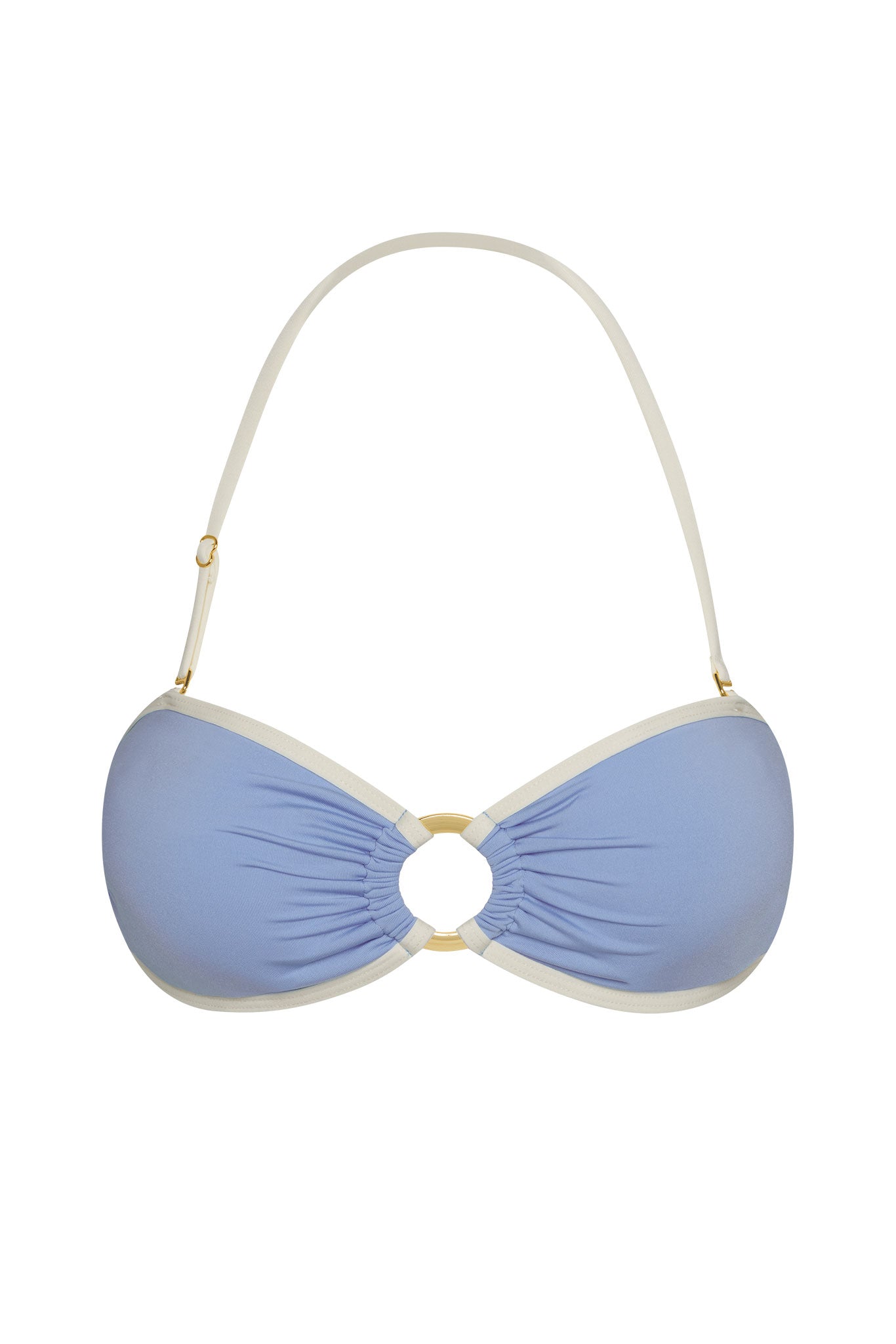 Light blue bandeau bikini top with cream trim, gold center ring and removable halter strap
