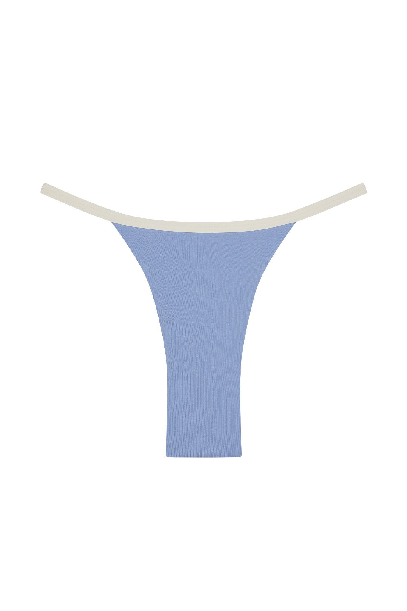 Blue ribbed thong underwear with cream elastic waistband, flat‑lay on white background.