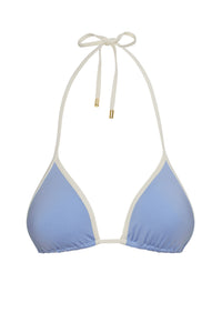 Light-blue triangle bikini top with white trim and halter ties finished with small gold tips