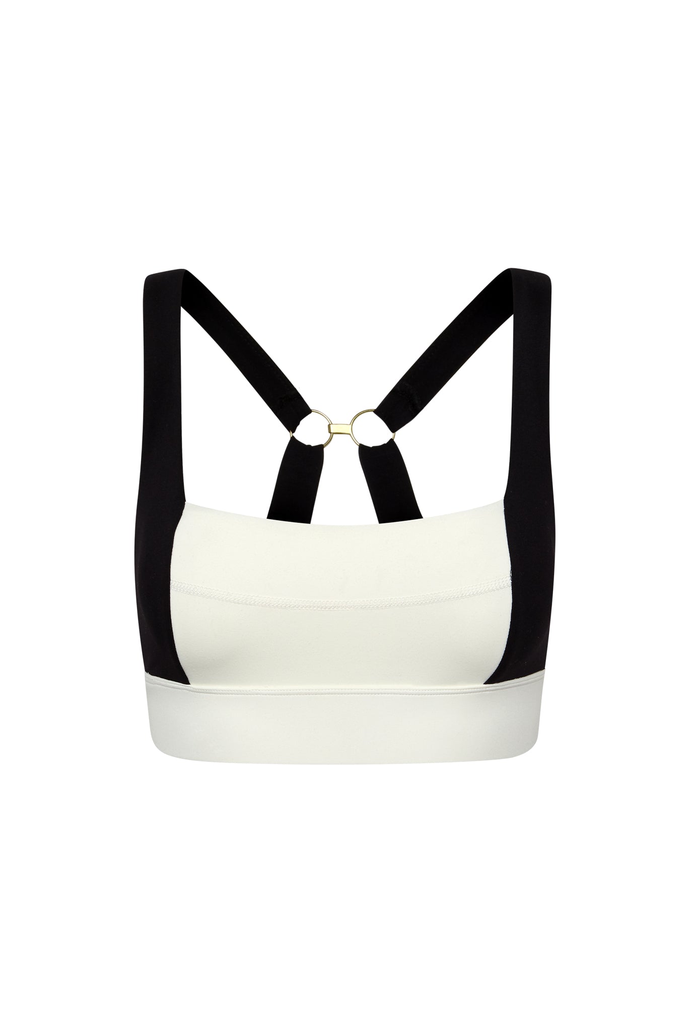 White sports bra with black crossover straps and gold-ring back detail