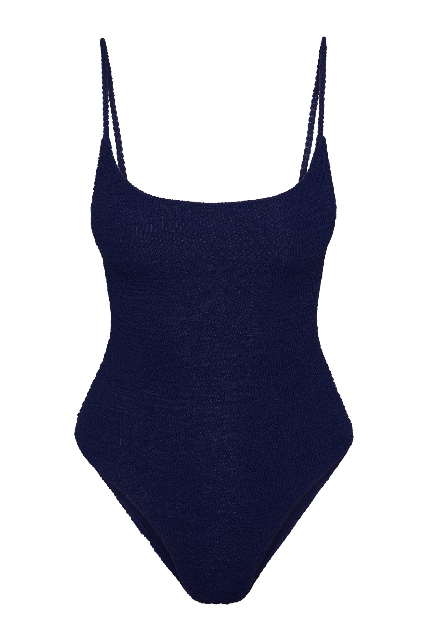 Navy textured one-piece swimsuit with scoop neckline, thin braided shoulder straps, and high-cut leg