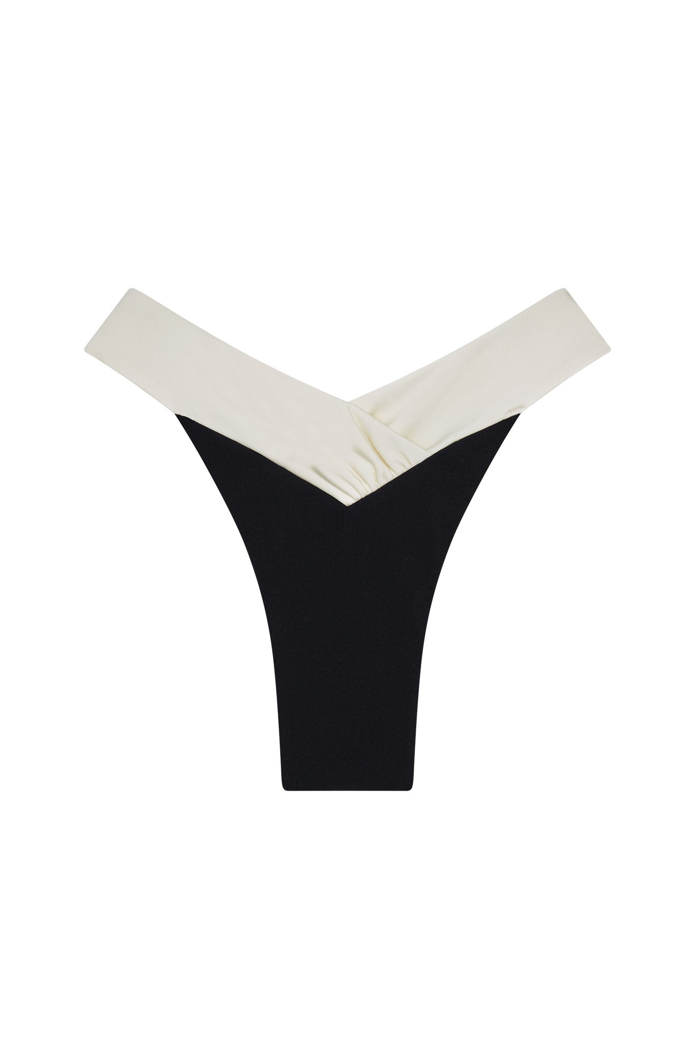 High-cut black thong swimsuit bottom with folded cream V-shaped waistband