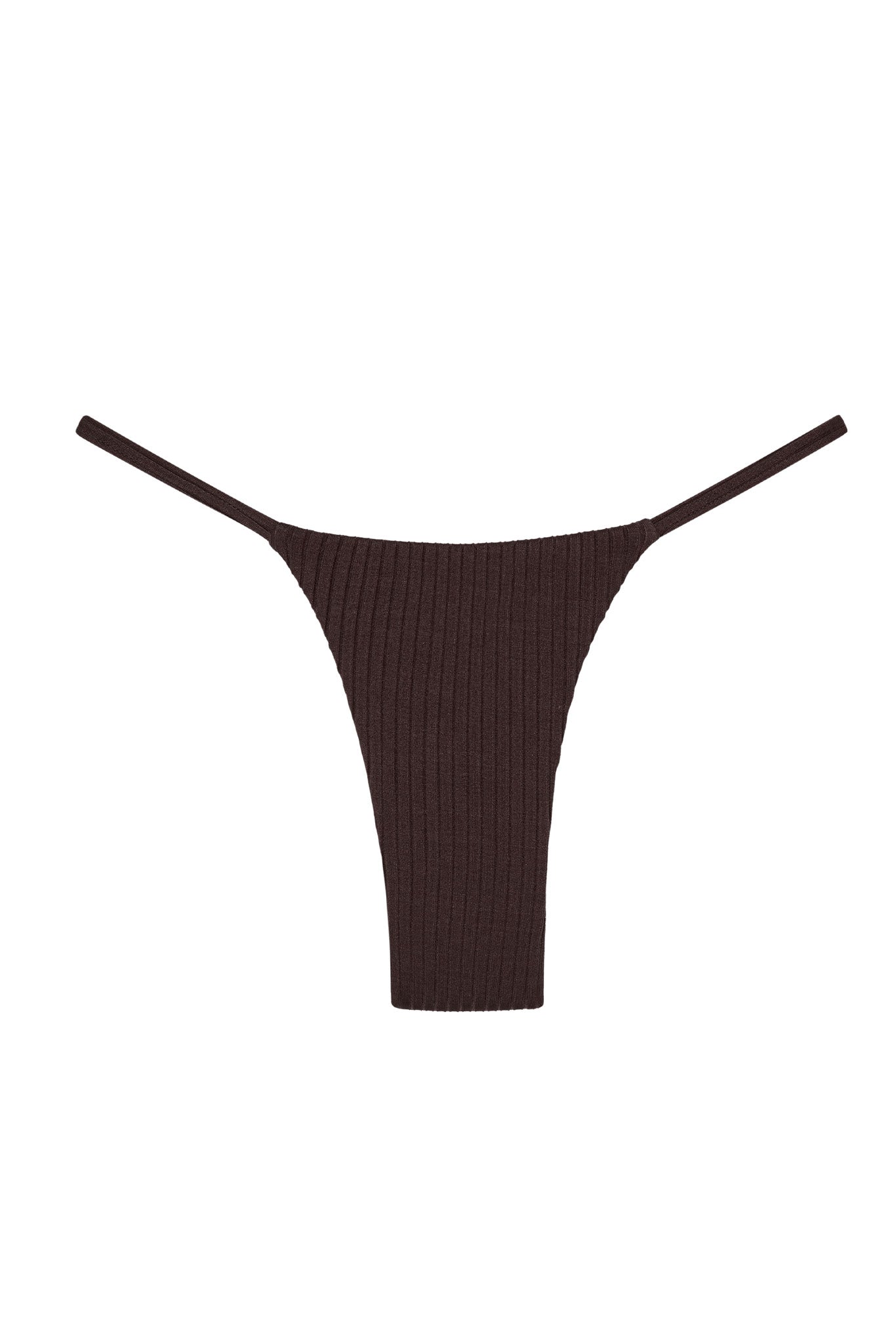 Brown ribbed high-cut thong bikini bottom with thin side straps on a white background.