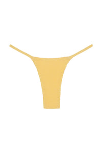 Yellow textured bikini thong bottom with thin side straps on white background