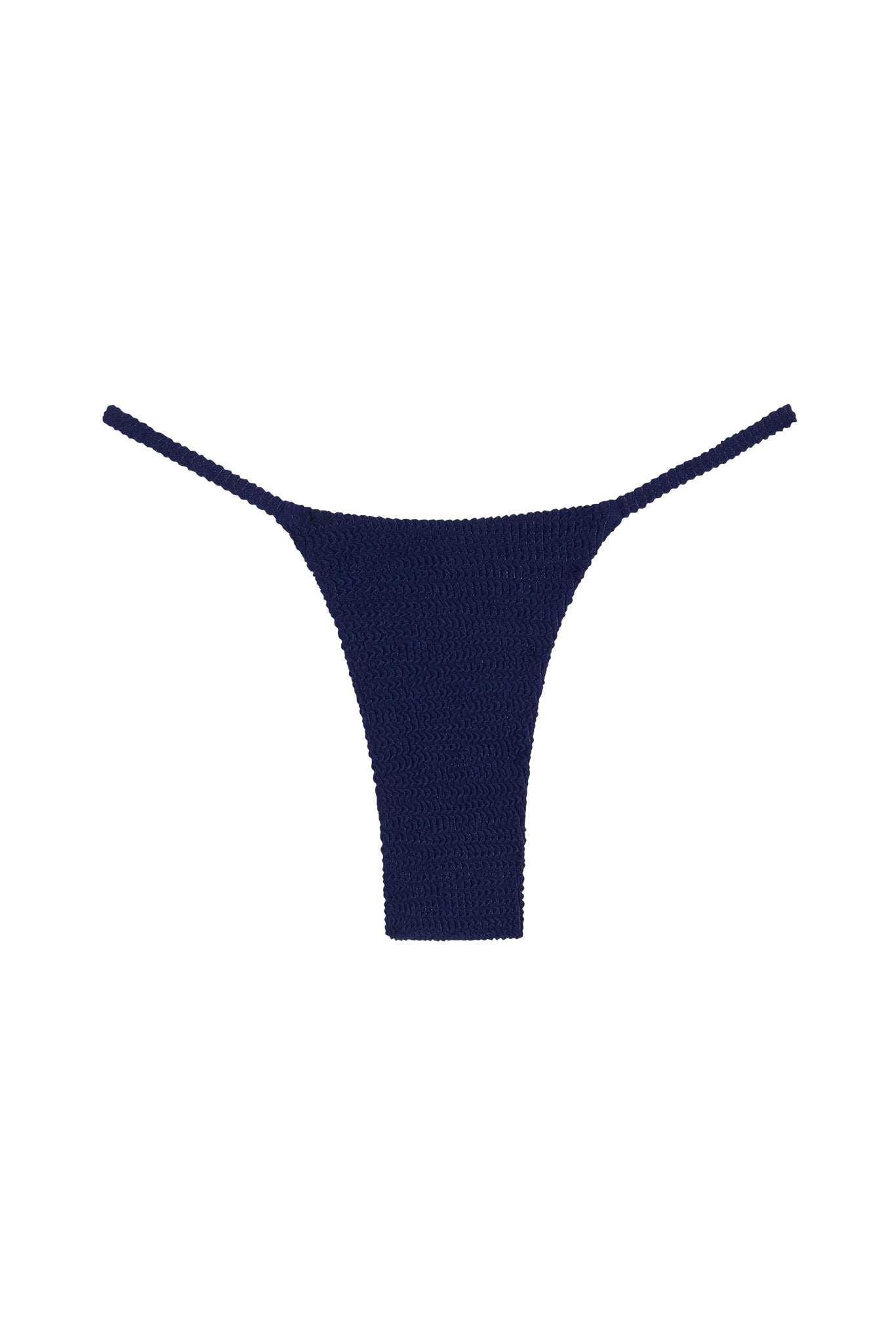 Navy textured crochet bikini thong bottom with narrow side straps on white background.