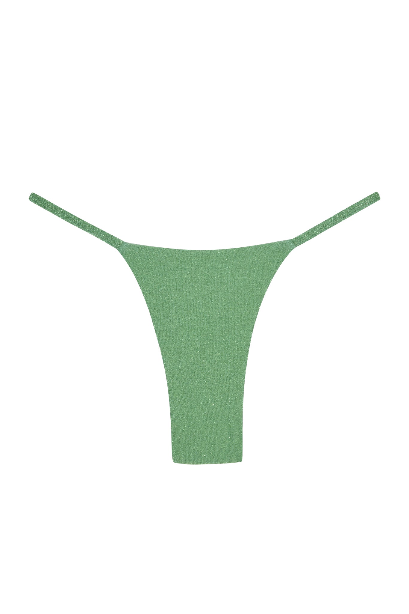 Green glittery thong bikini bottom with thin side straps on white background