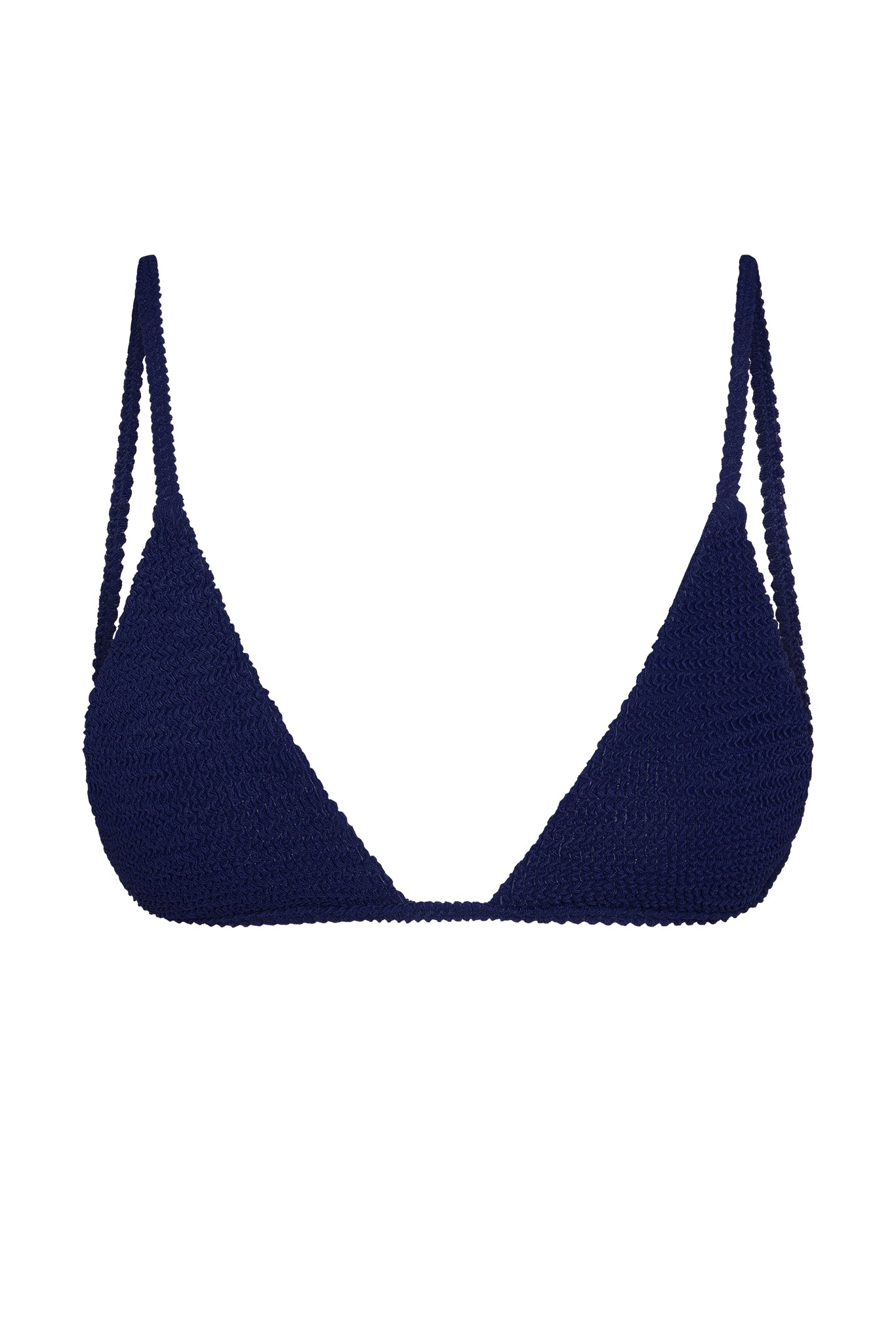 Navy textured crochet triangle bikini top with thin double shoulder straps on white background.