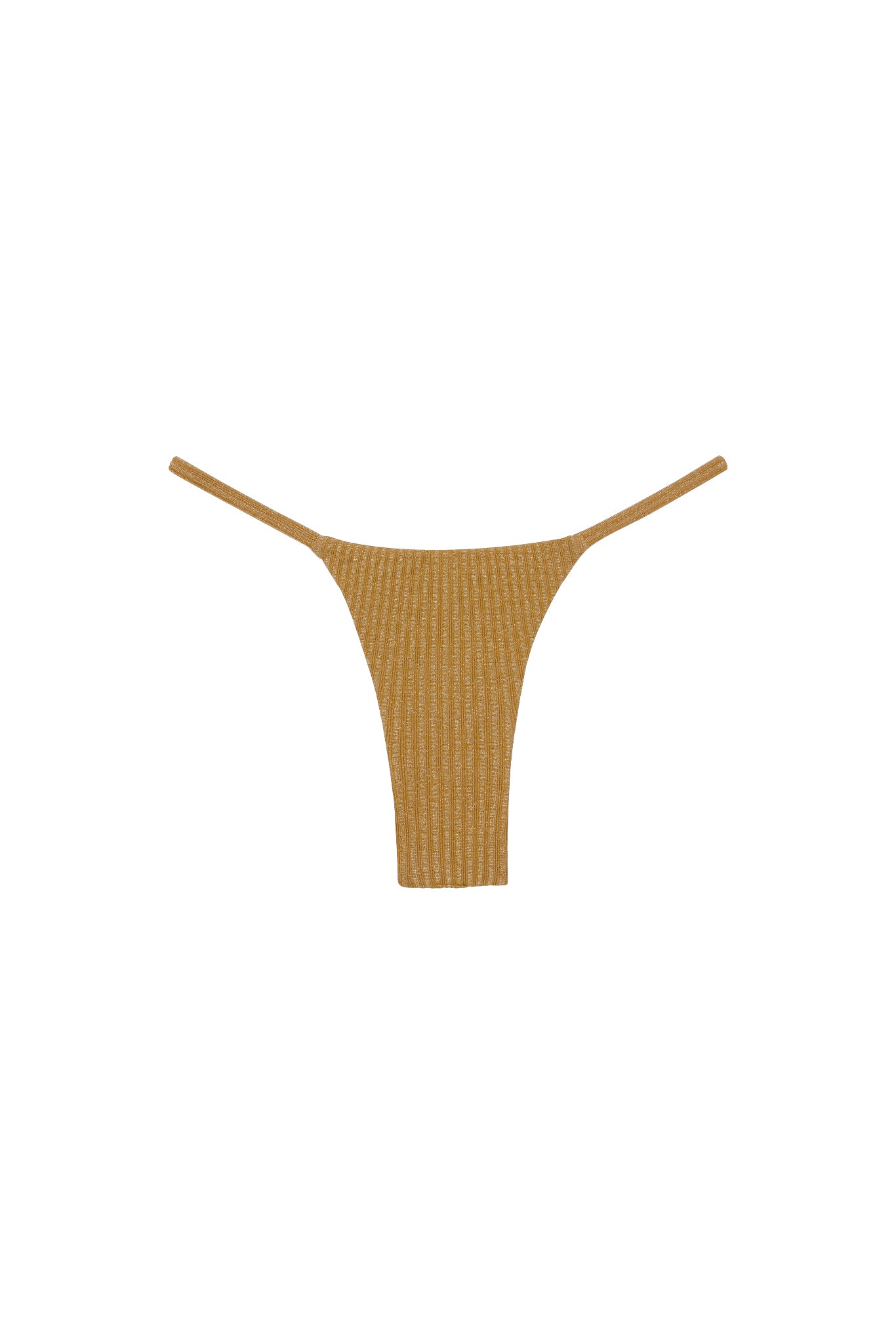 Front view of Barbados bottom in Antique Gold Lurex Rib showing high-cut thong silhouette and ribbed lurex texture on white background