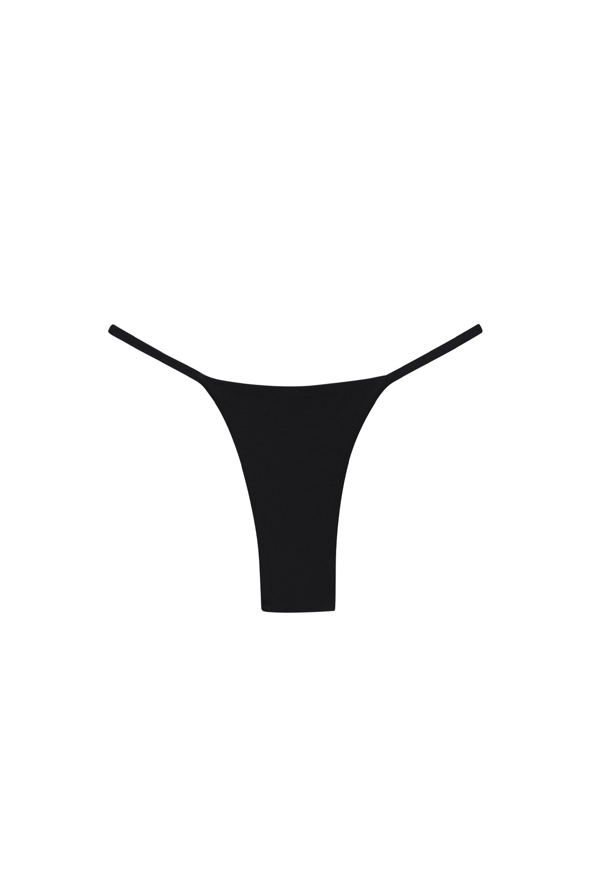 Front view of Barbados Bottom in black showcasing thin side straps, high cut leg, and minimal coverage on white background