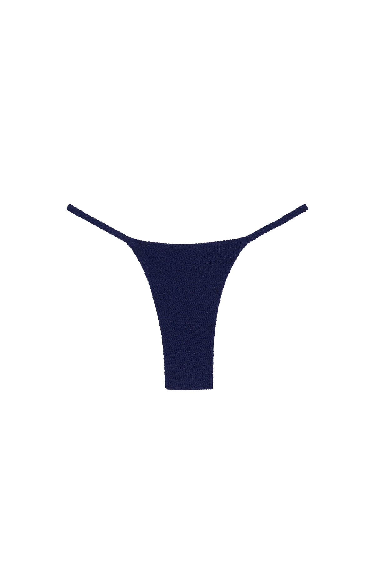 Front view of Barbados Bottom in Midnight Crinkle showcasing thin side straps and textured fabric on white background
