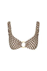 Close-up front of Barbuda Top in Husk Geo showcasing scoop neckline, gold center ring and wide straps on white background