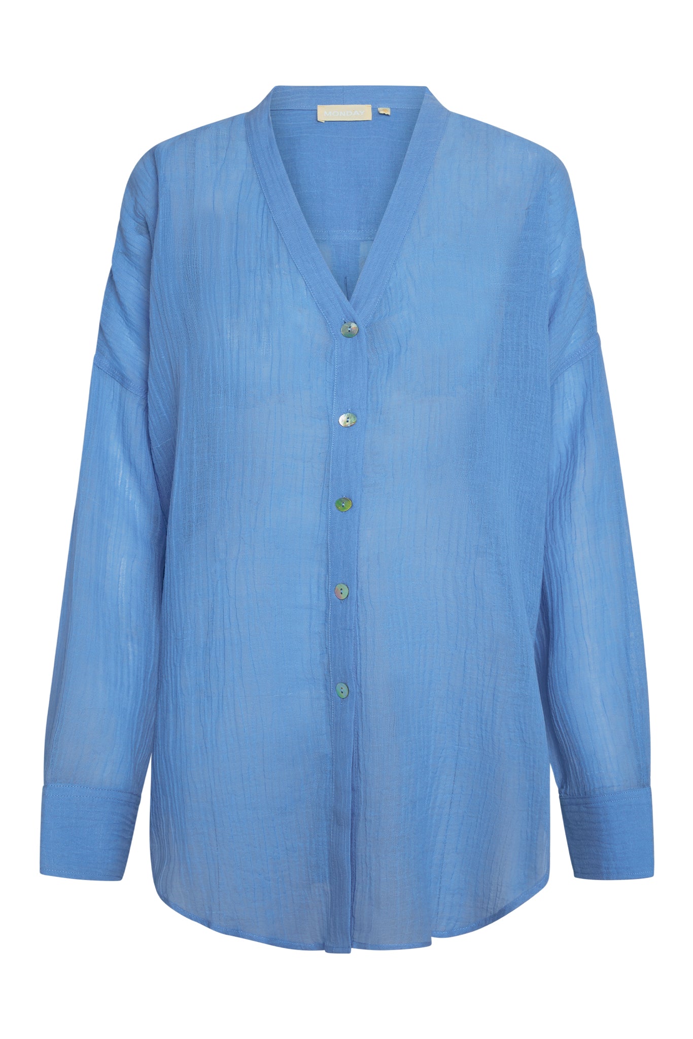 Blue semi-sheer long-sleeve button-front blouse with V-neck, mother-of-pearl buttons and MONDAY label
