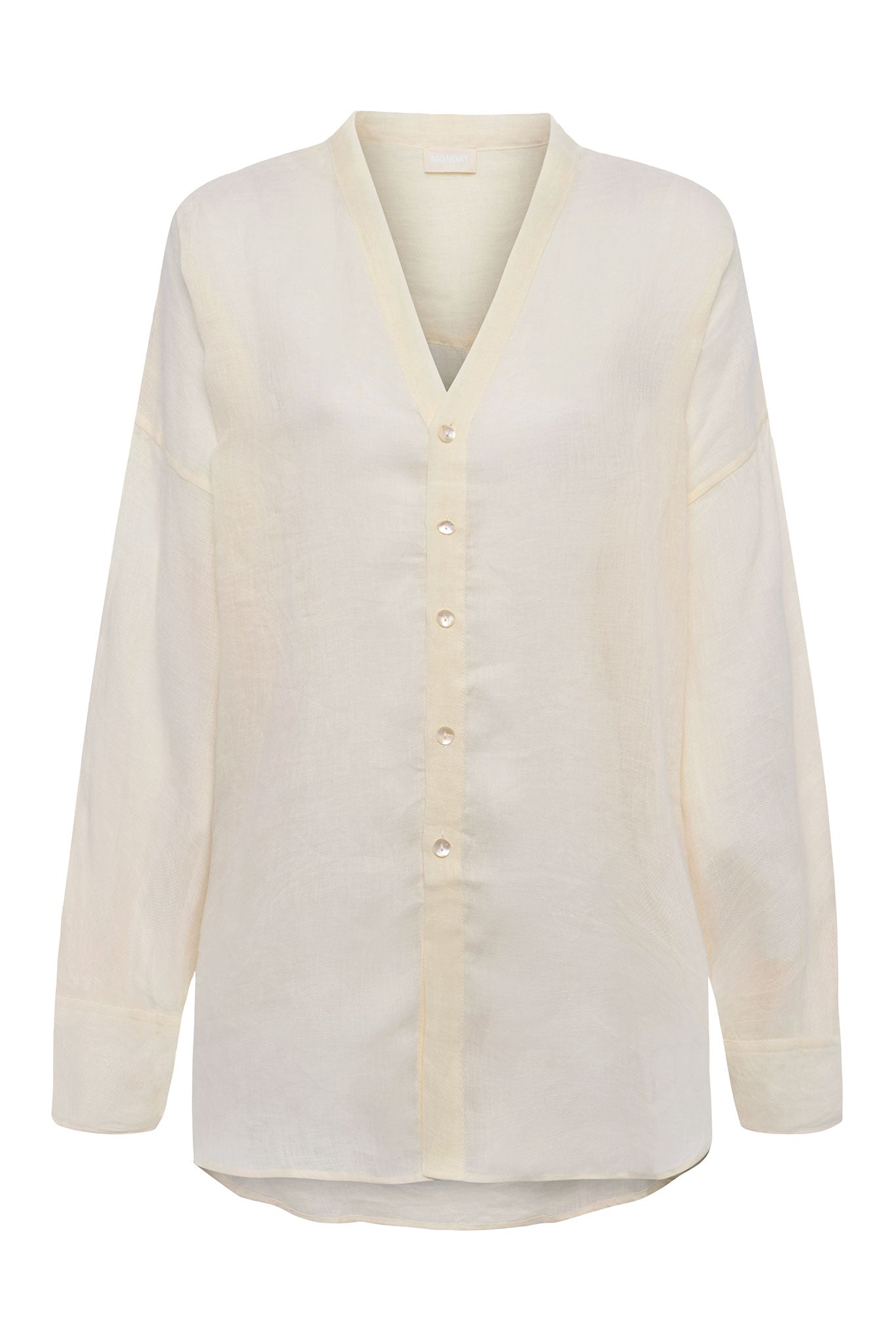 Cream linen V-neck button-front long-sleeve blouse; neck label reads MONDAY