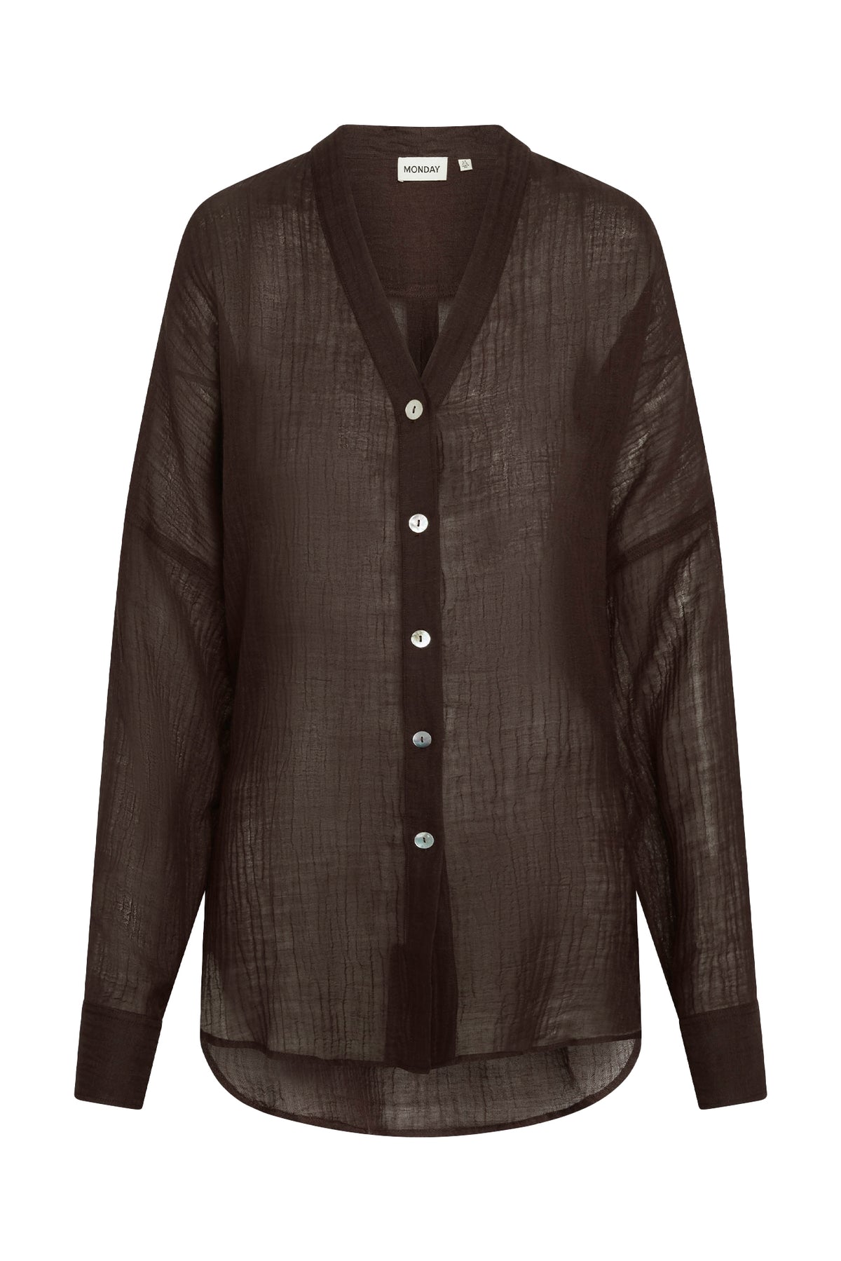 Front view of Barcelona Tunic in Espresso Crinkle Linen showing sheer oversized fit and seashell buttons on white background