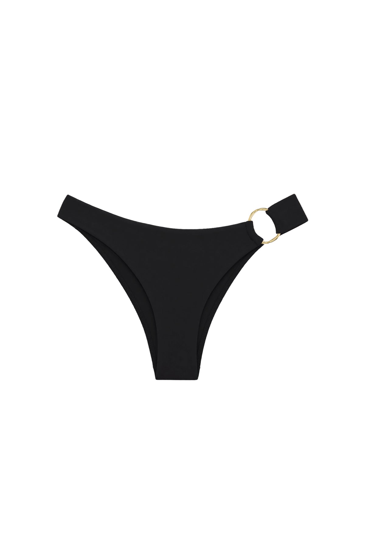 Front view of black Bari Bottom bikini bottom showcasing high cut leg and organic gold ring detail on white background