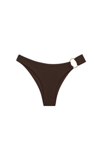 Front view of Bari Bottom in Espresso showcasing high-cut leg and organic gold ring detail on white background