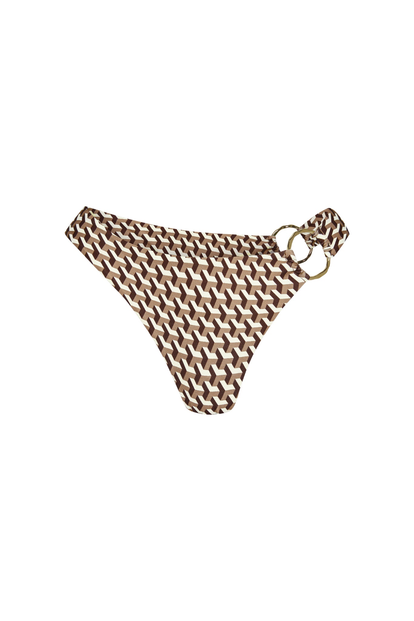 Front view of Bari Bottom Husk Geo showcasing brown and cream geometric print and gold double-ring hip detail on beige background