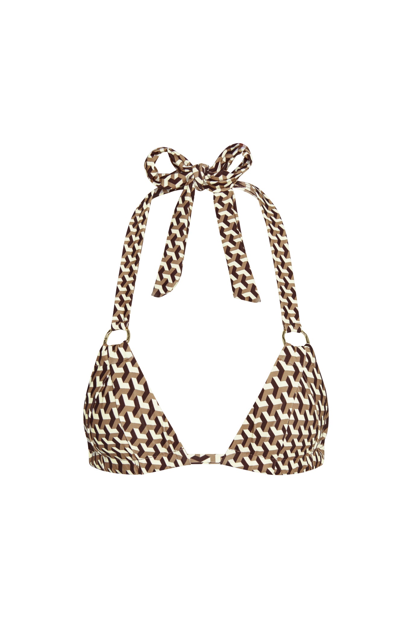 Front view of Bari Top Husk Geo with triangle halter cups, brown geometric print, tie neck straps and gold rings