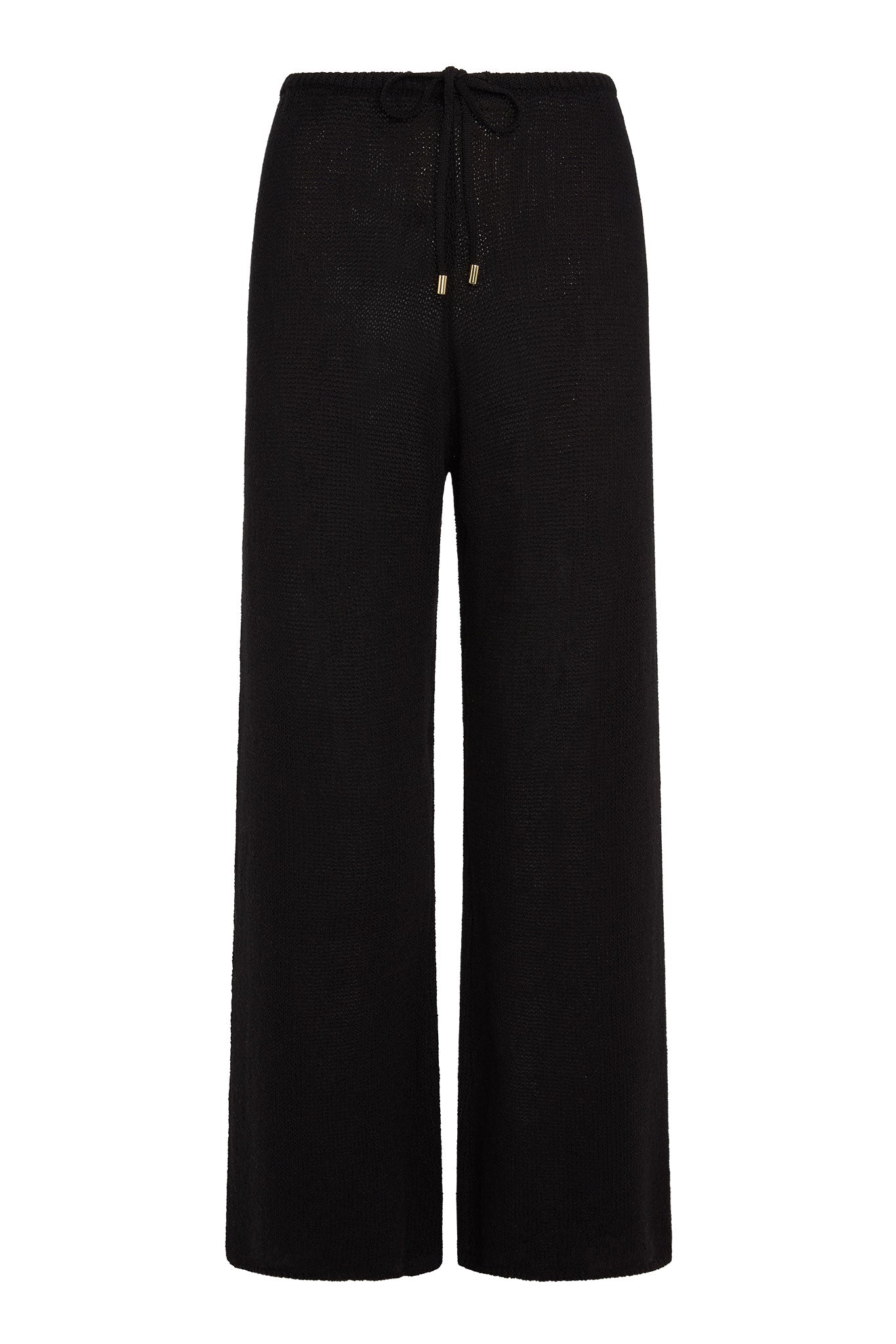 Black knit wide-leg pants with elastic drawstring waist and gold aglets
