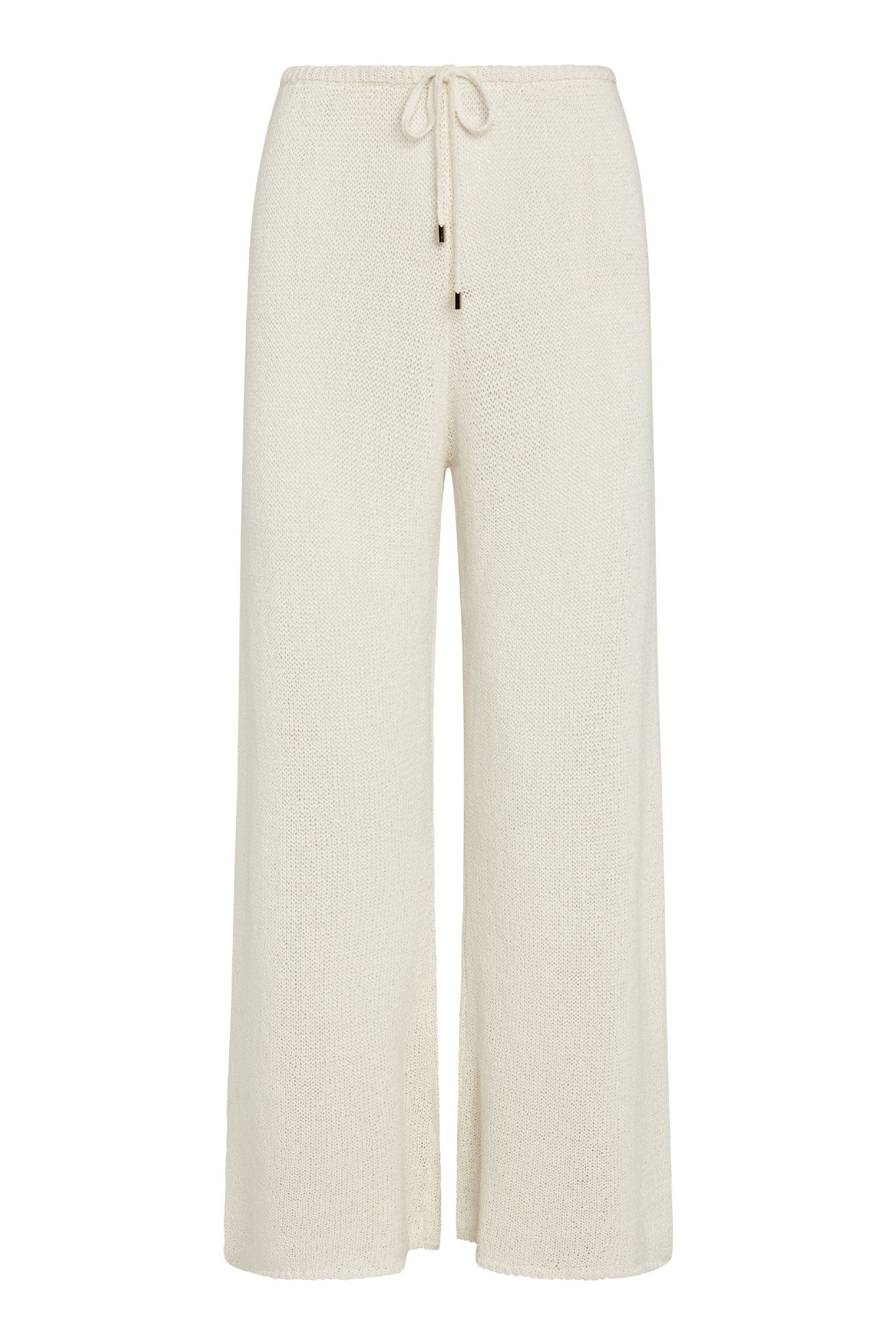 Cream knitted wide-leg drawstring pants with elastic waistband and metal-tipped cords