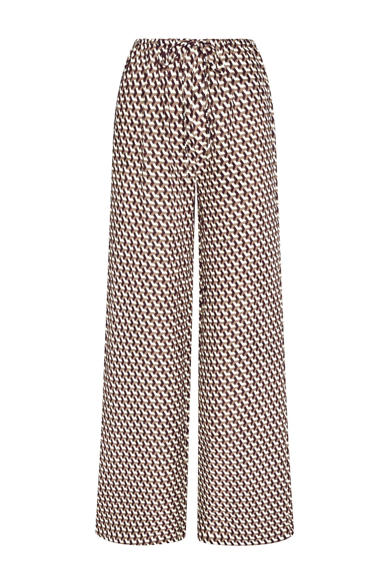 Front view of Belize Pant in Husk Geo print showcasing wide-leg fit and drawstring elastic waist on white background
