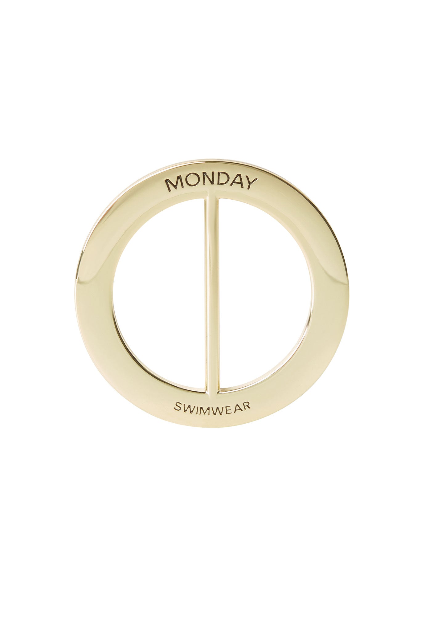 Gold circular swimwear ring buckle engraved 'MONDAY' at top and 'SWIMWEAR' at bottom with a central vertical bar.