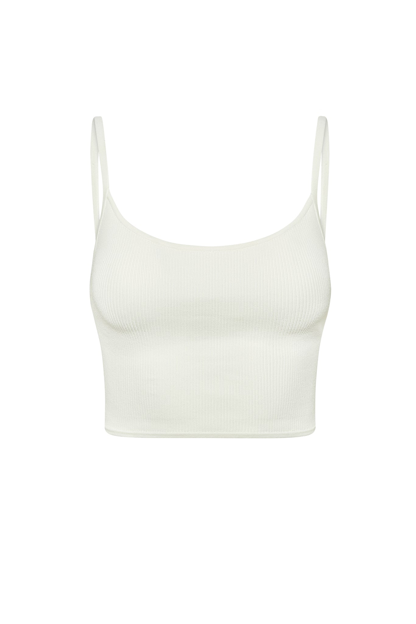 White ribbed cropped camisole with thin spaghetti straps, front view