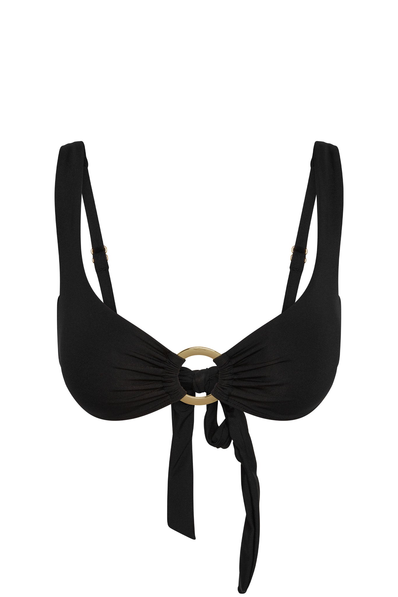 Black bikini top with adjustable shoulder straps, gold center ring and front tie