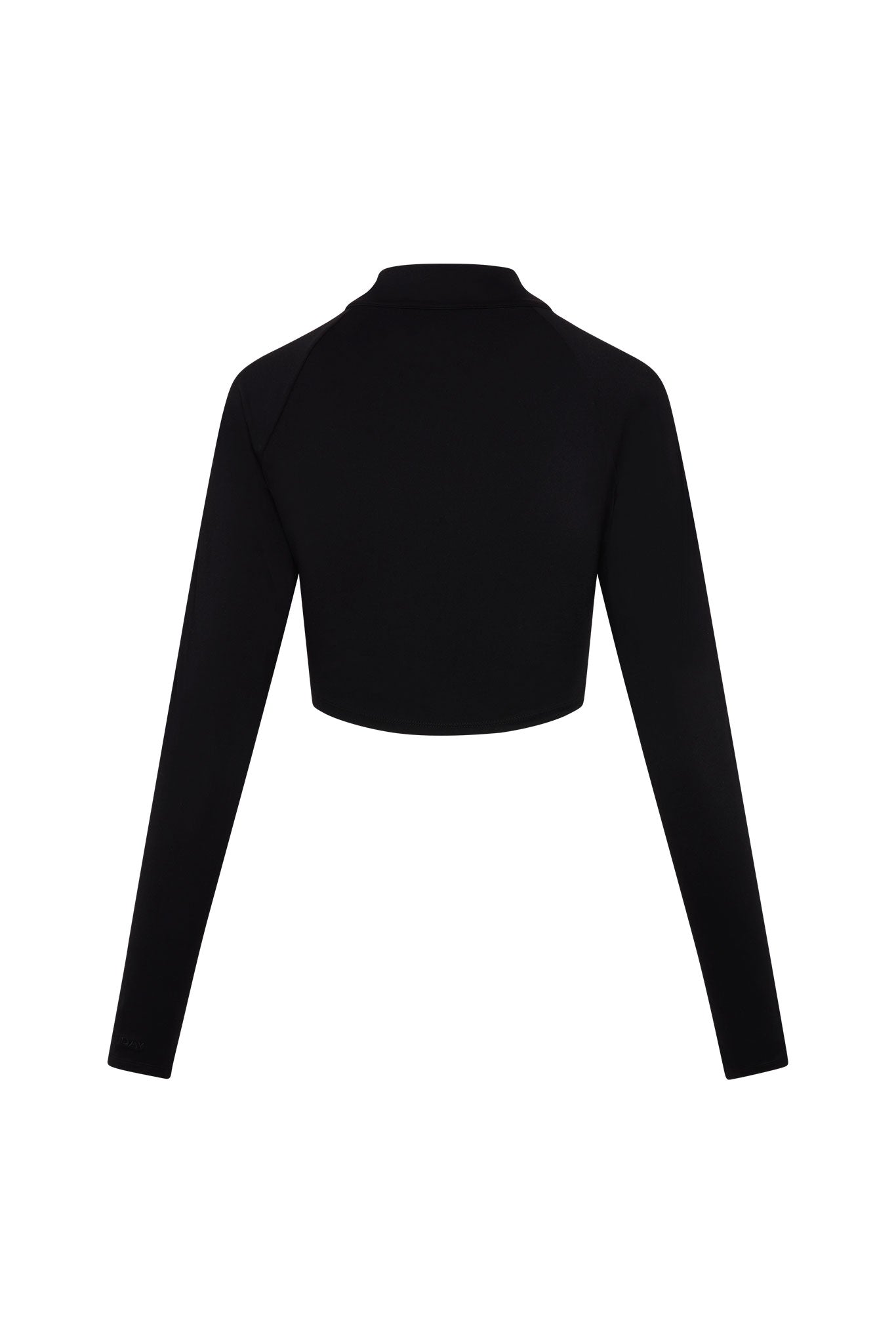 Back view of a cropped black long-sleeve top with mock neck and raglan sleeves.