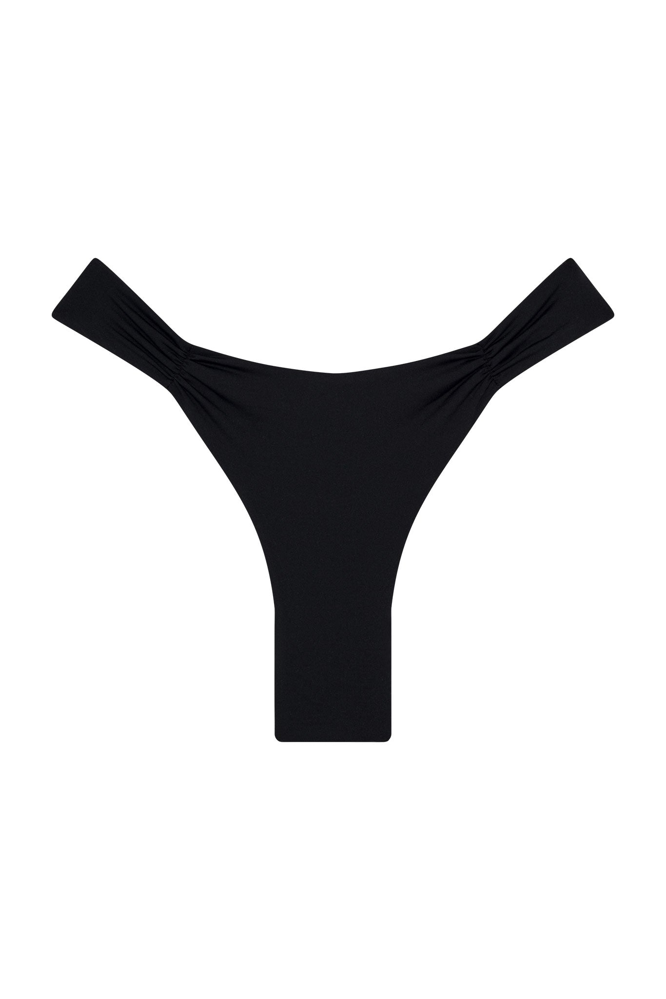 Black thong bikini bottom with ruched side straps, laid flat on white background.
