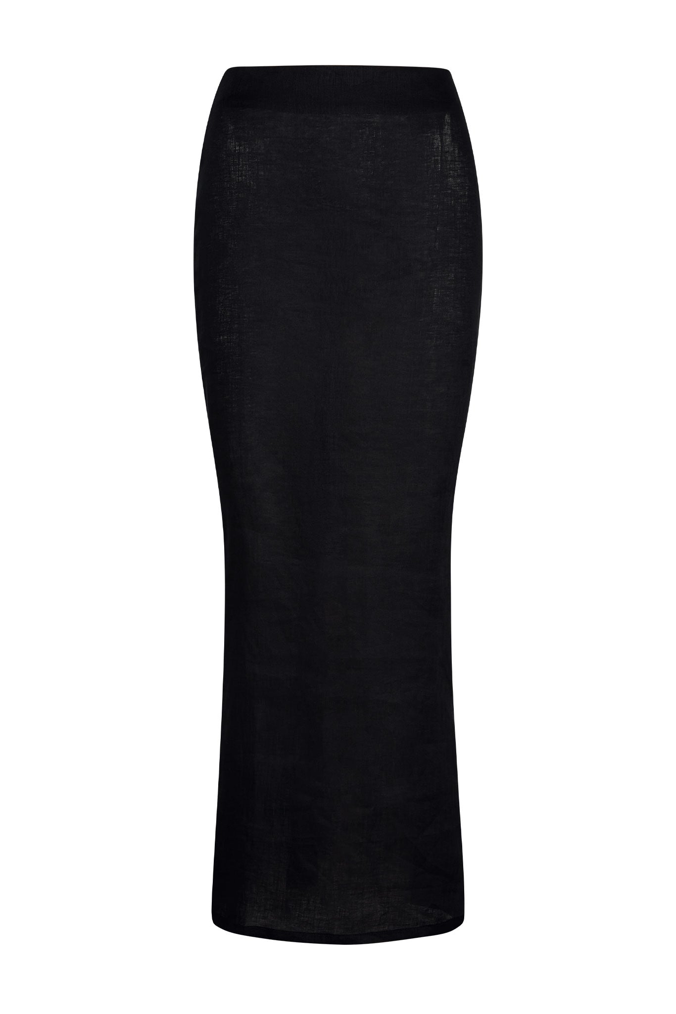 High-waist black maxi skirt, fitted through hips with slight flare toward hem.
