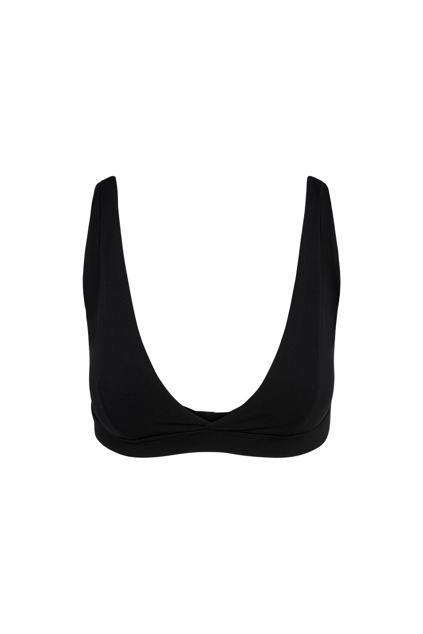 Black scoop-front bikini top with deep U neckline and wide shoulder straps