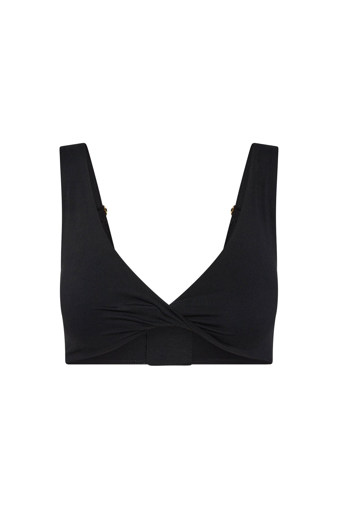 Black twist-front bralette with wide straps and center-front closure