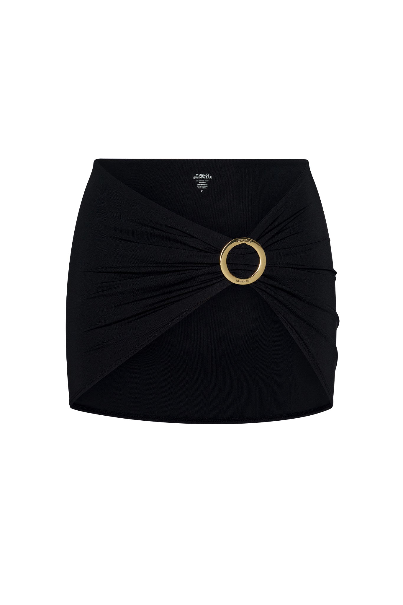 Black swim skirt with twisted front and gold O-ring buckle engraved MONDAY SWIMWEAR.