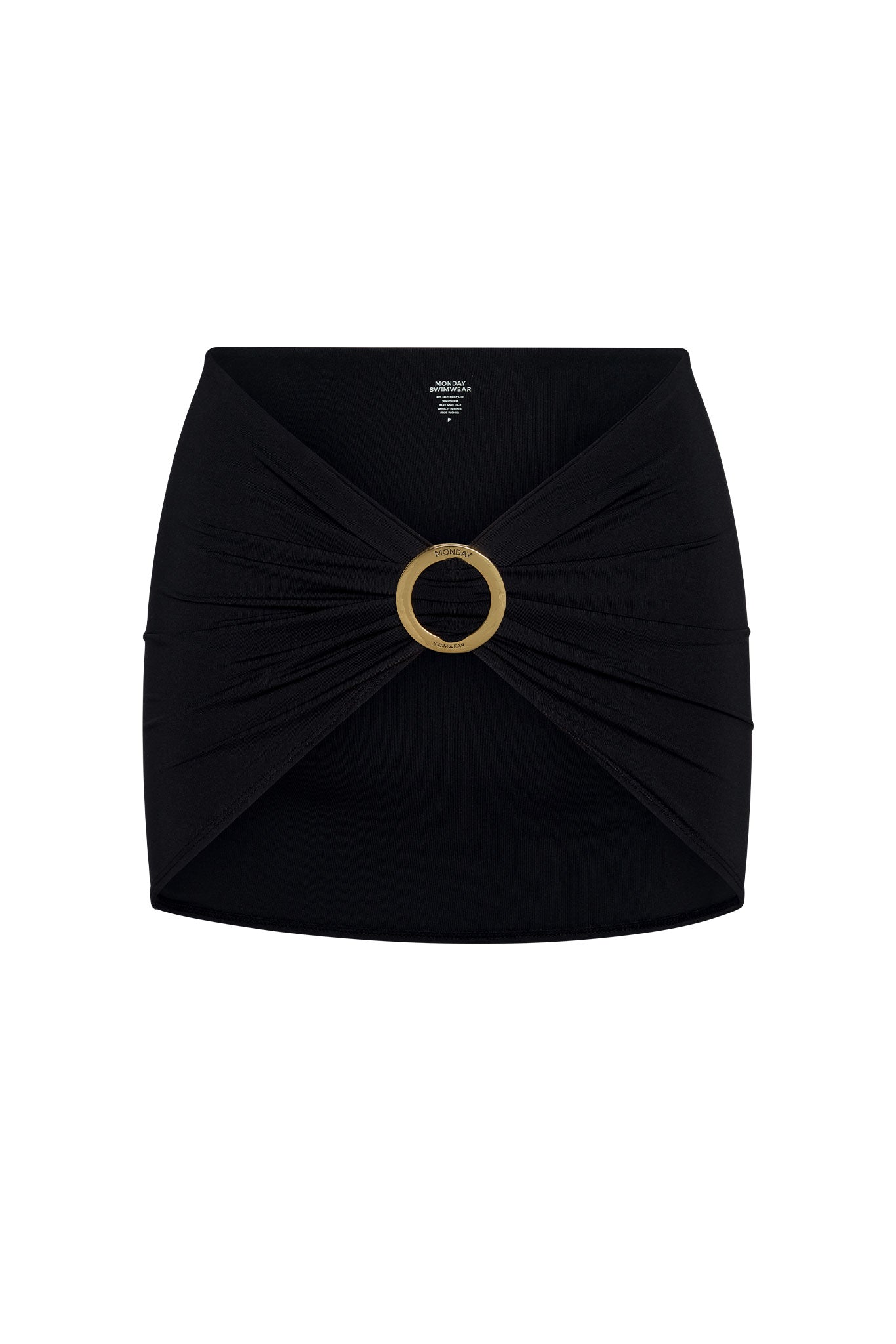 Black ruched swim skirt with central gold ring buckle engraved 'MONDAY SWIMWEAR'
