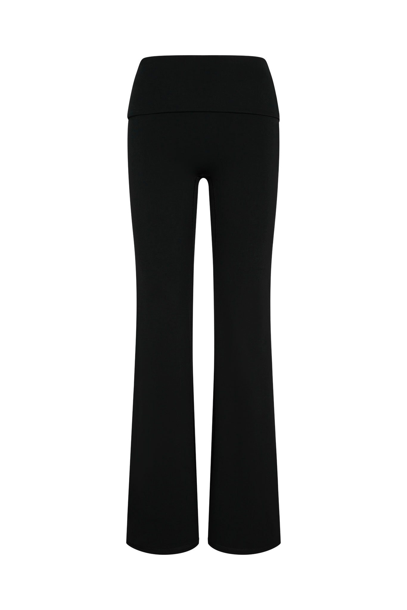 Black flared leggings, back view, high waistband