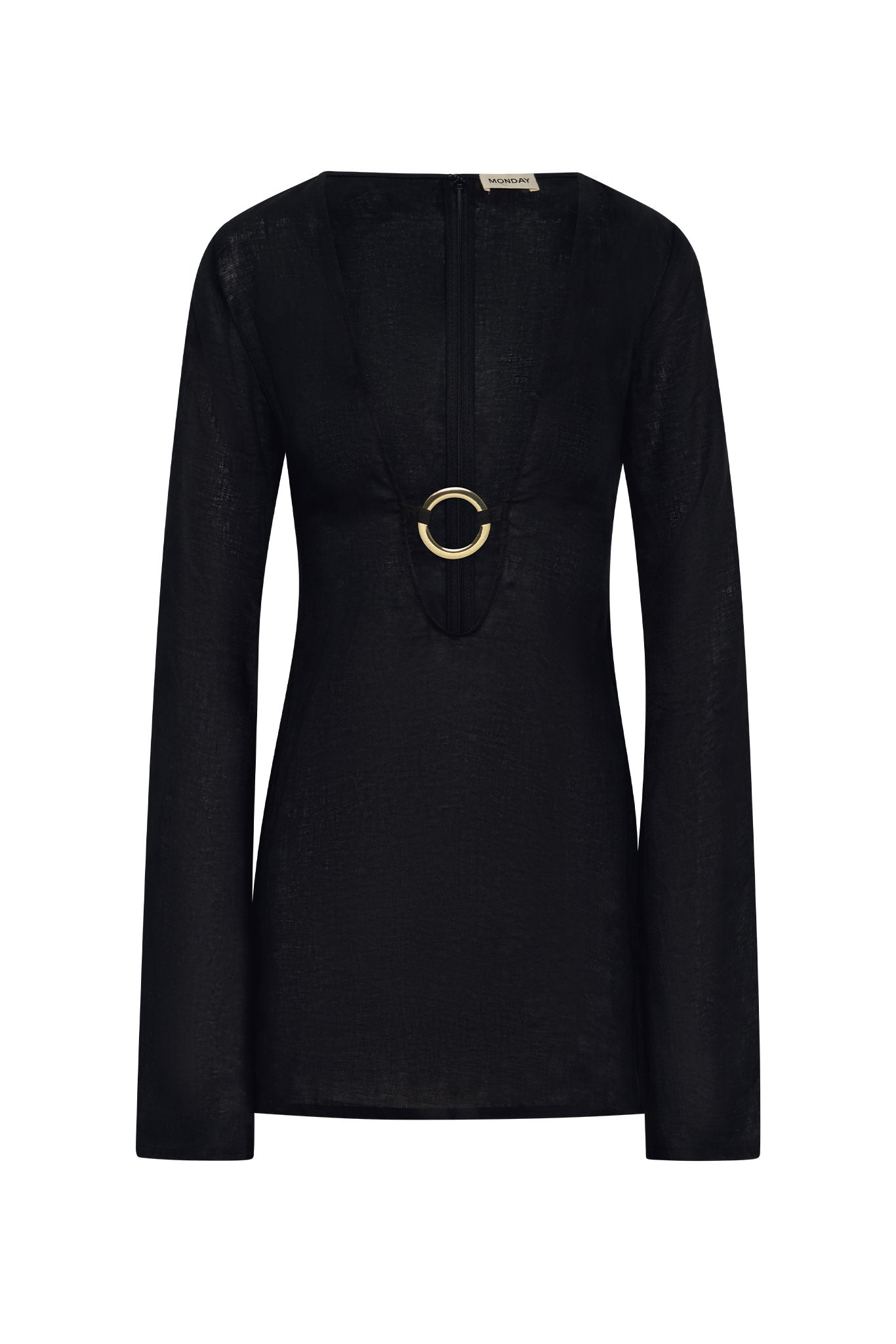 Black long-sleeve plunge V-neck top with central gold circular ring buckle; back label reads MONDAY