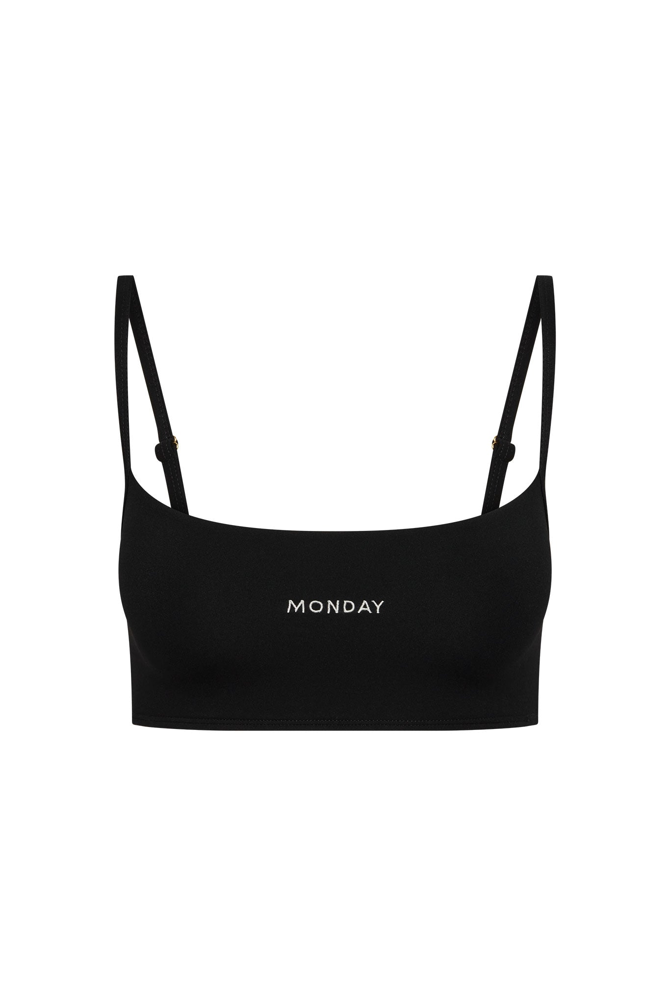 Black cropped bra top with MONDAY embroidered on front, adjustable shoulder straps