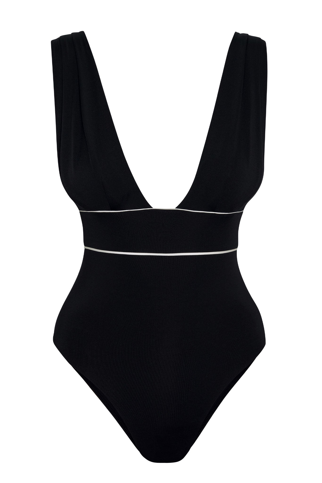 Black one-piece swimsuit with deep V neckline and thin white piping along bust and waist.