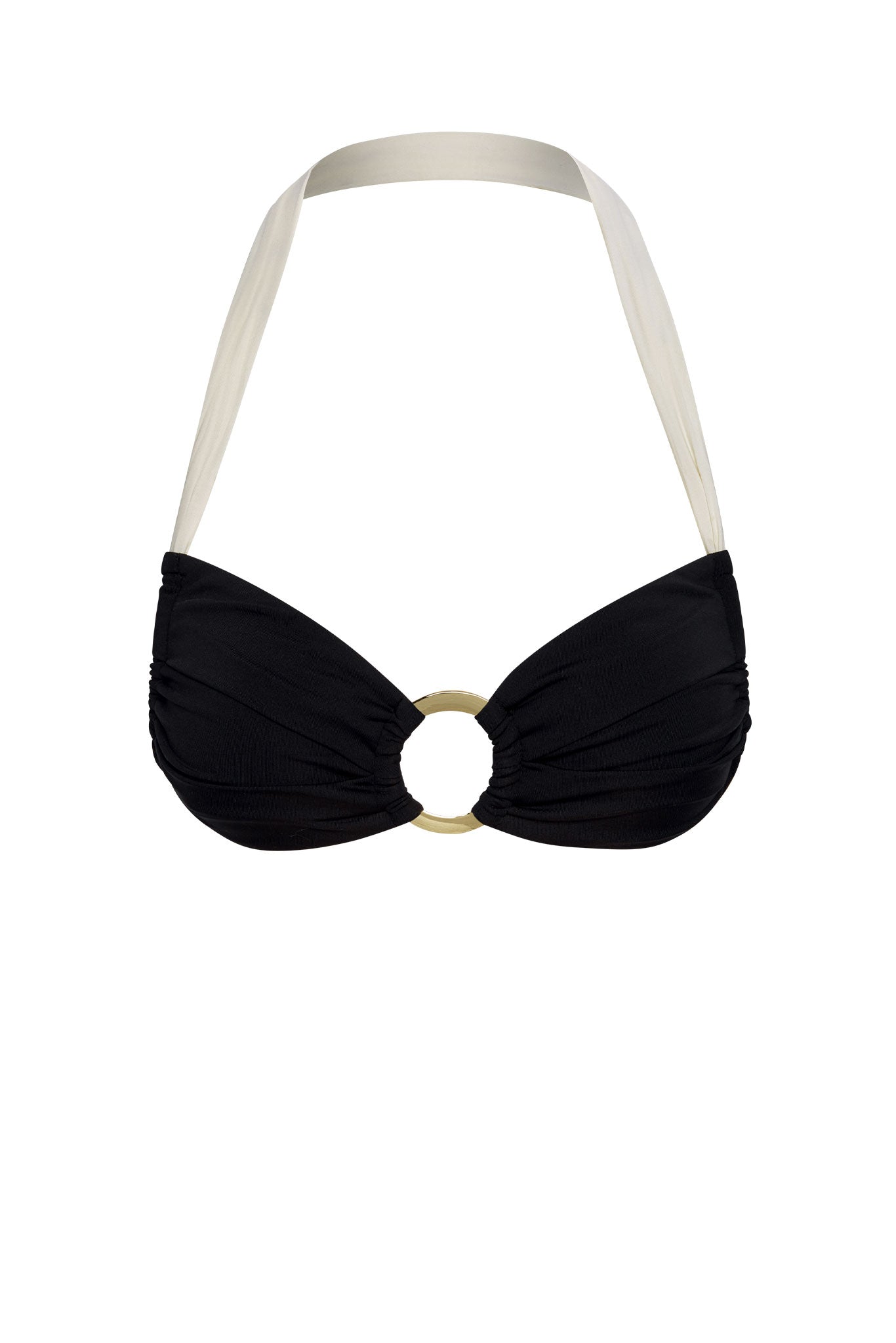 Black bandeau bikini top with beige halter straps and gold center ring.