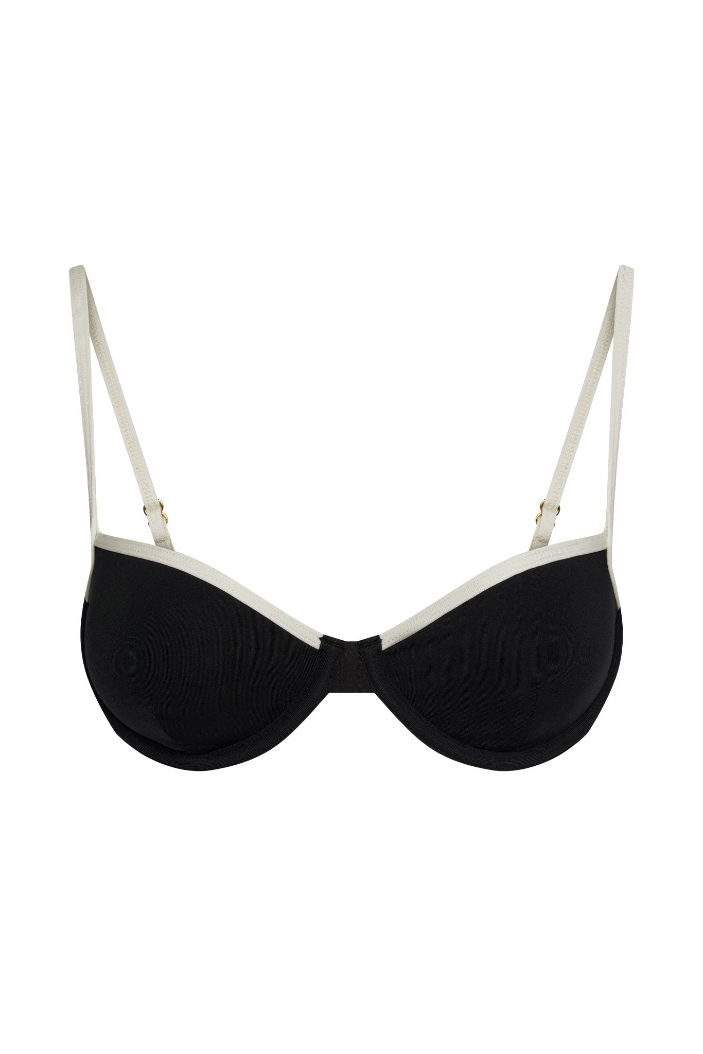 Black underwire bra with molded cups, contrasting white trim and adjustable white shoulder straps