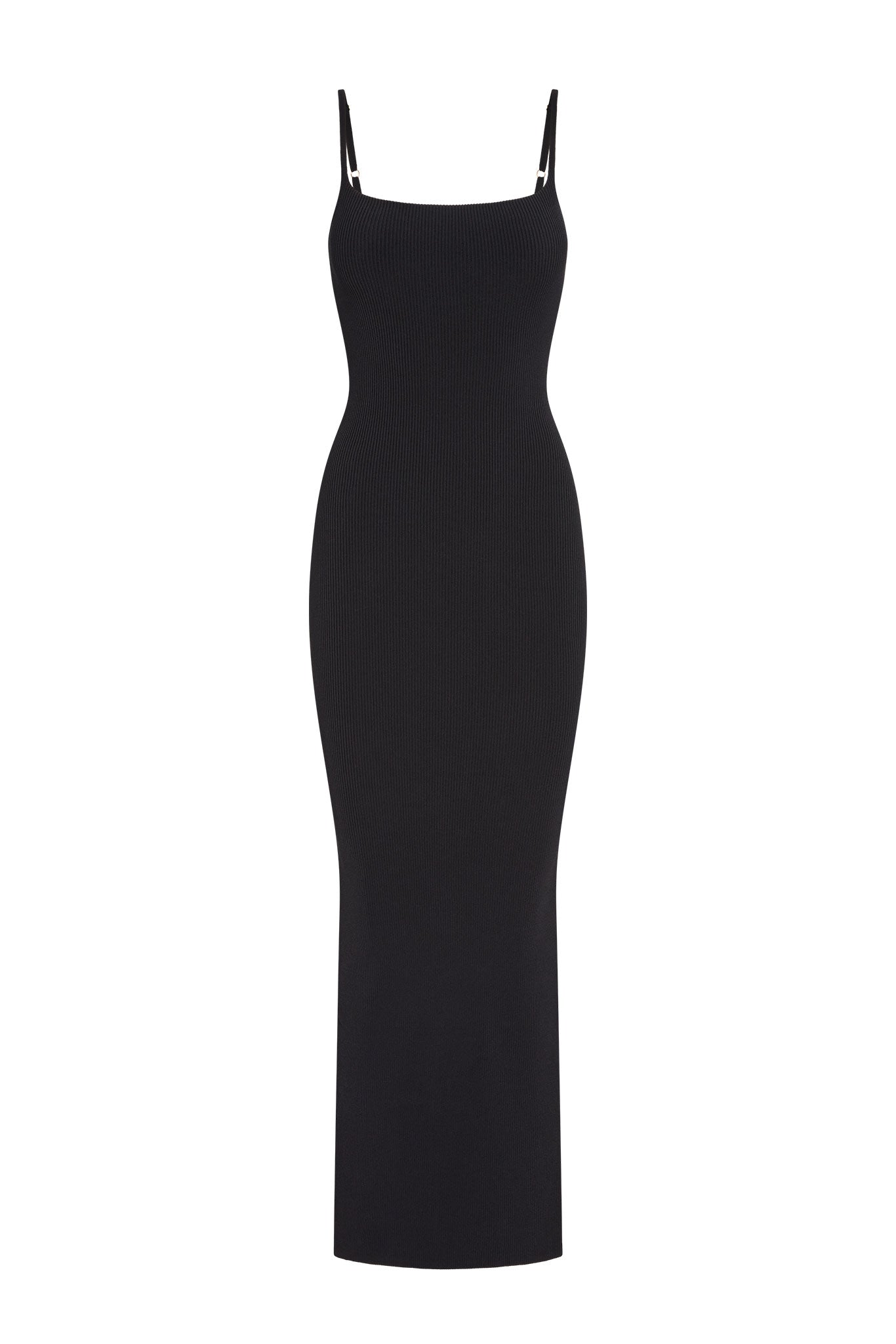 Black ribbed knit fitted midi dress with thin adjustable shoulder straps