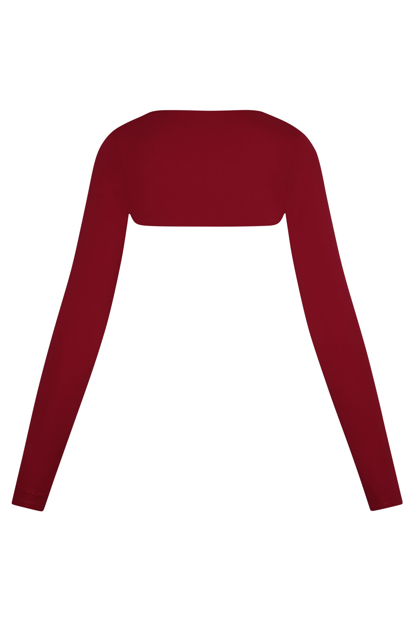 Back view of Runyon Canyon Bolero in cherry showcasing cropped back and long sleeves on white background